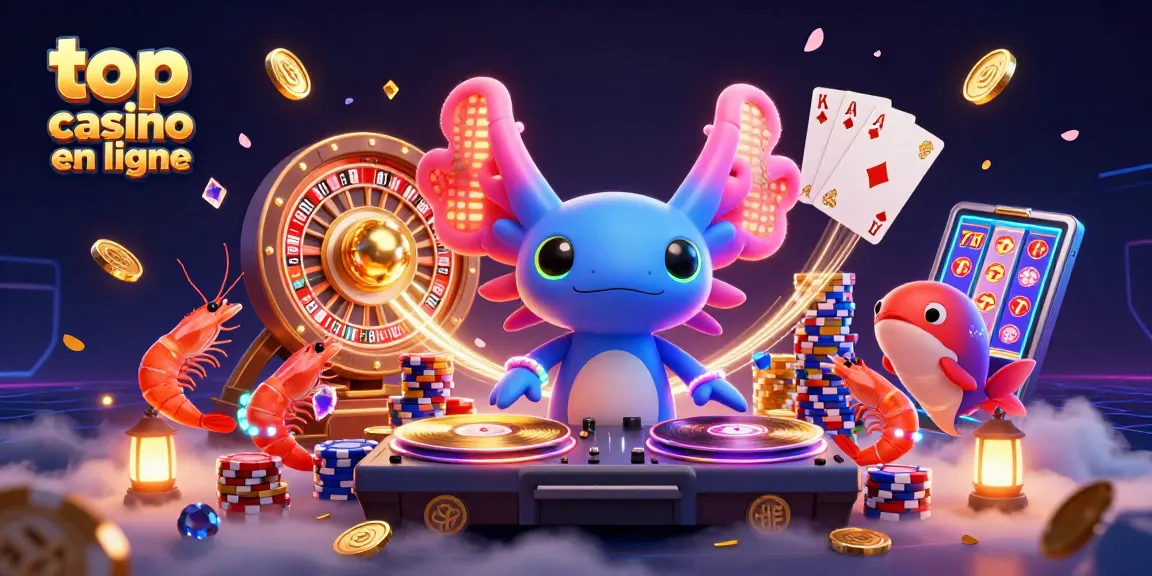 Gagnez avec le top casino en ligne, design vibrant animant un DJ axolotl et des créatures sous-marines.