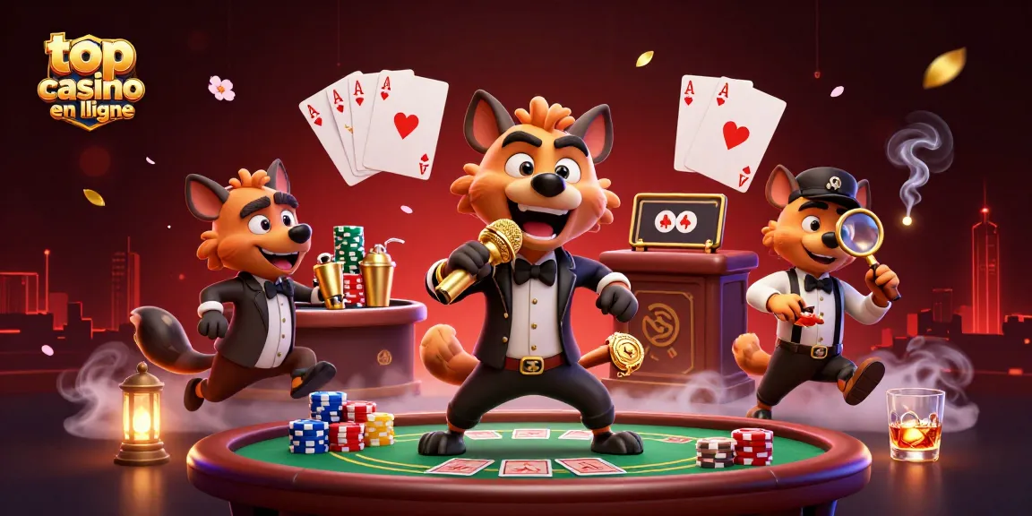 Le top casino en ligne présente une scène dynamique de hyènes animées jouant des rôles humoristiques dans un club de casino.