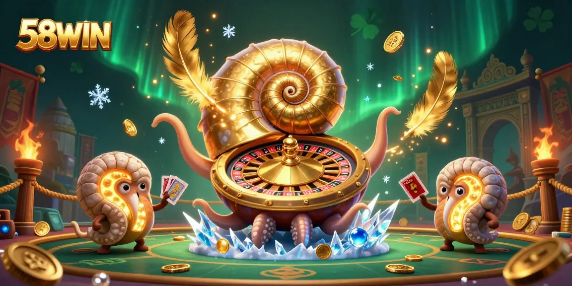 Experience the excitement of 58WIN with dynamic casino gameplay featuring a giant nautilus and glowing ammonites.