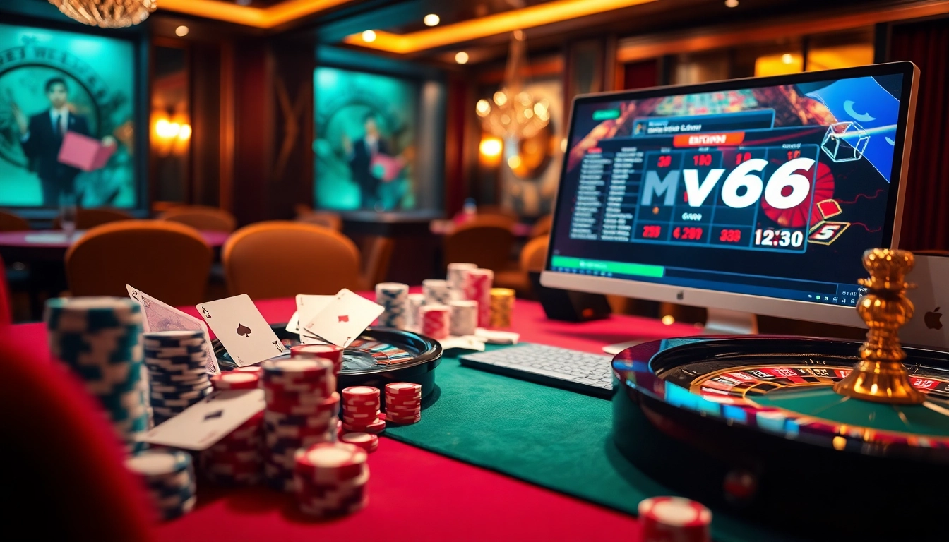 Engage with Nhà cái MV66 through dynamic online gambling visuals featuring roulette, poker chips, and vibrant gaming interfaces.