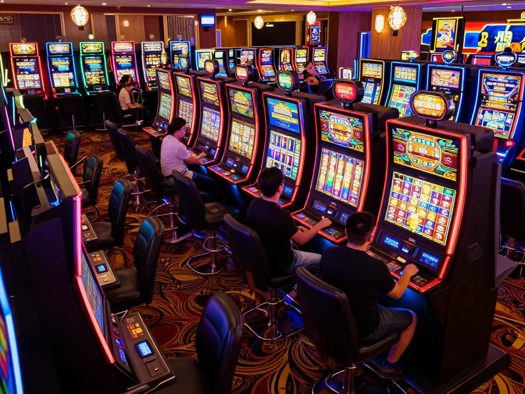 Players enjoying vibrant gori77 slot machines with exciting wins and colorful displays