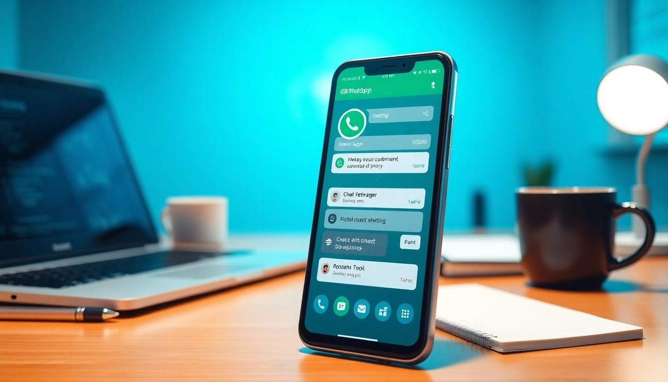 GB WhatsApp app interface on smartphone in a modern workspace, showcasing advanced messaging features.