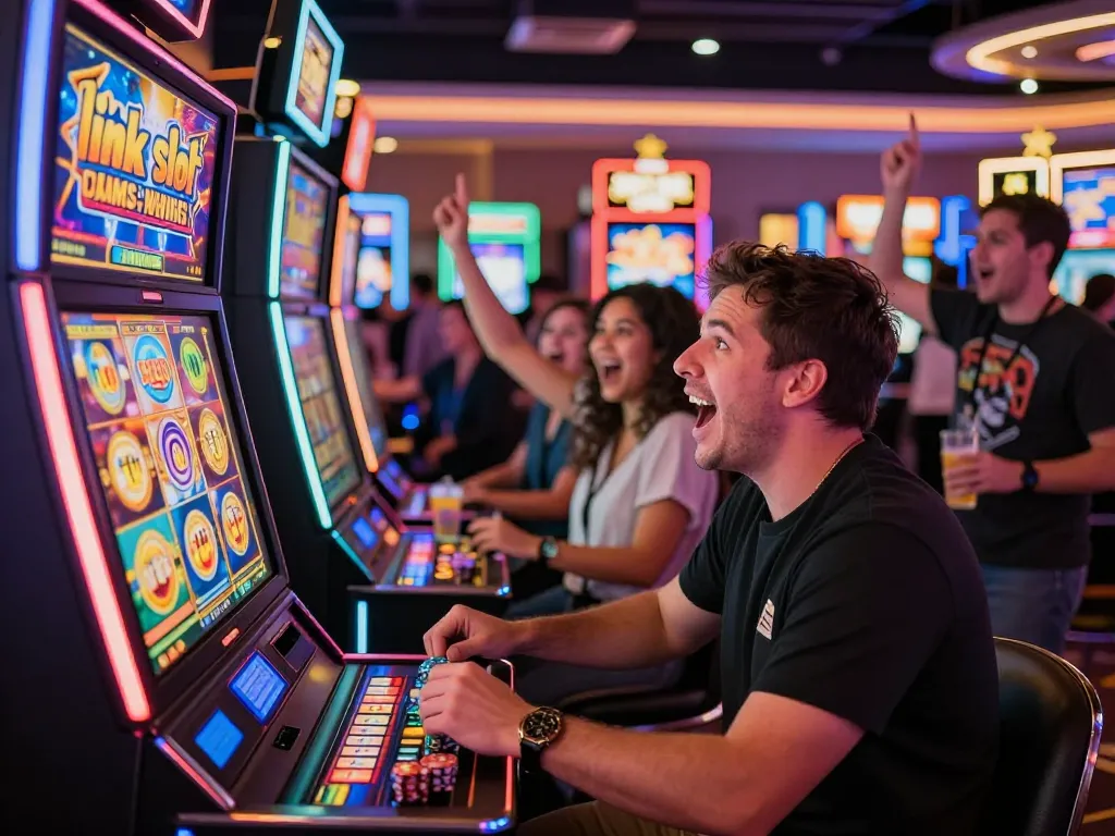 Pemain yang antusias bermain dengan mesin link slot di kasino Las Vegas yang berwarna-warni.