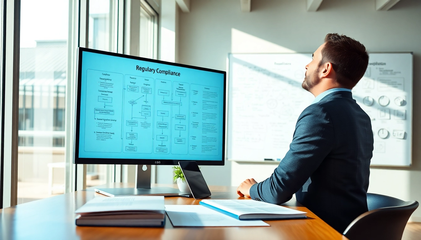 Illustration depicting FCPA/DCAA/Flowdown/ITAR/EAR compliance analysis in a professional office.