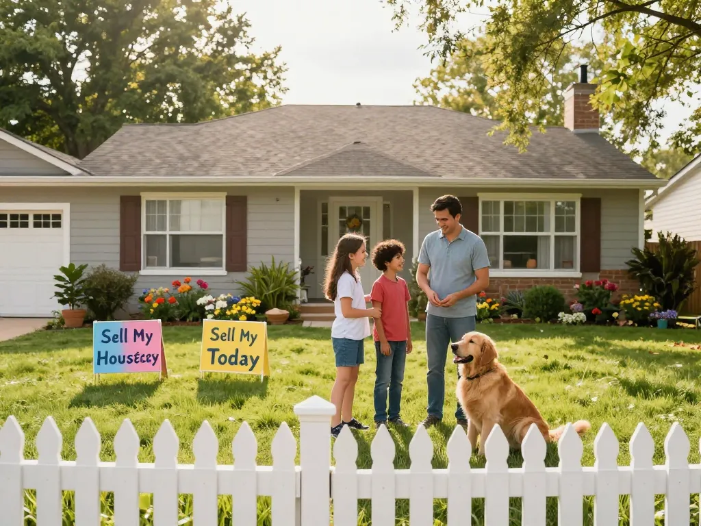 Family preparing to sell their home today with cheerful yard sale setup.