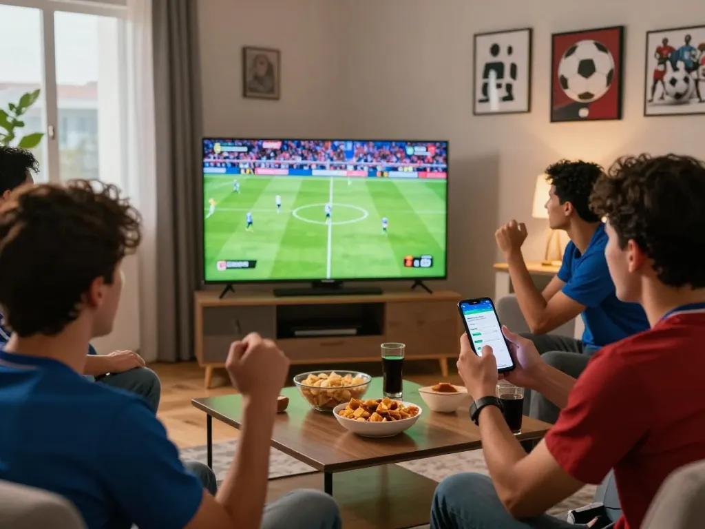Watch live football on luongson117.tv with friends in a vibrant living room setting