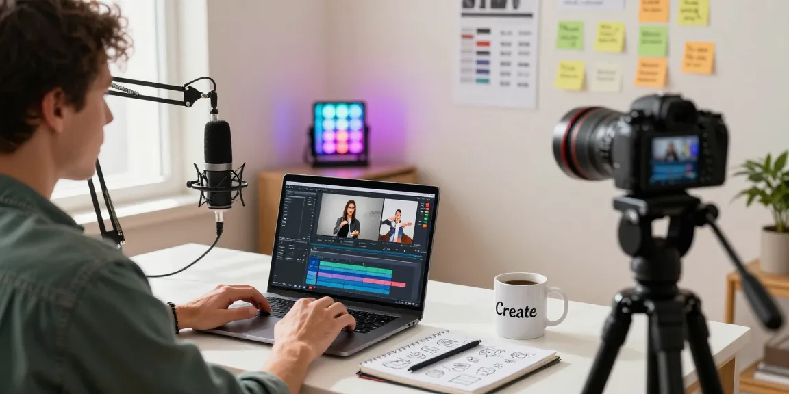 Trusted site to buy YouTube subscribers in a creative workspace with video equipment, editing software, and a productive atmosphere