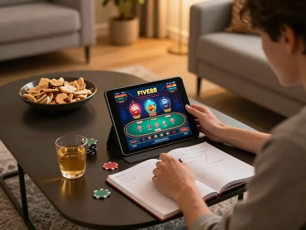 Engaged player using the FIVE88 app on a tablet, surrounded by snacks and strategy notes in a cozy home.