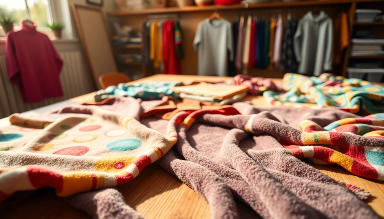 Bekijk gedessineerde fleece stoffen op een creatieve tafel met artisanale ontwerpen.