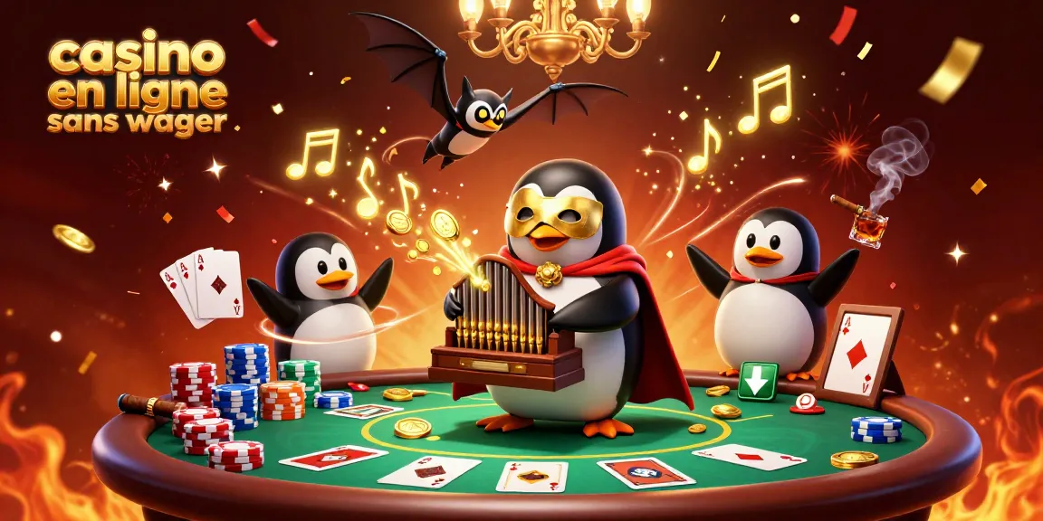 Illustration dynamique d'un casino en ligne sans wager avec un pingouin jouant de l'orgue et déversant des pièces d'or.