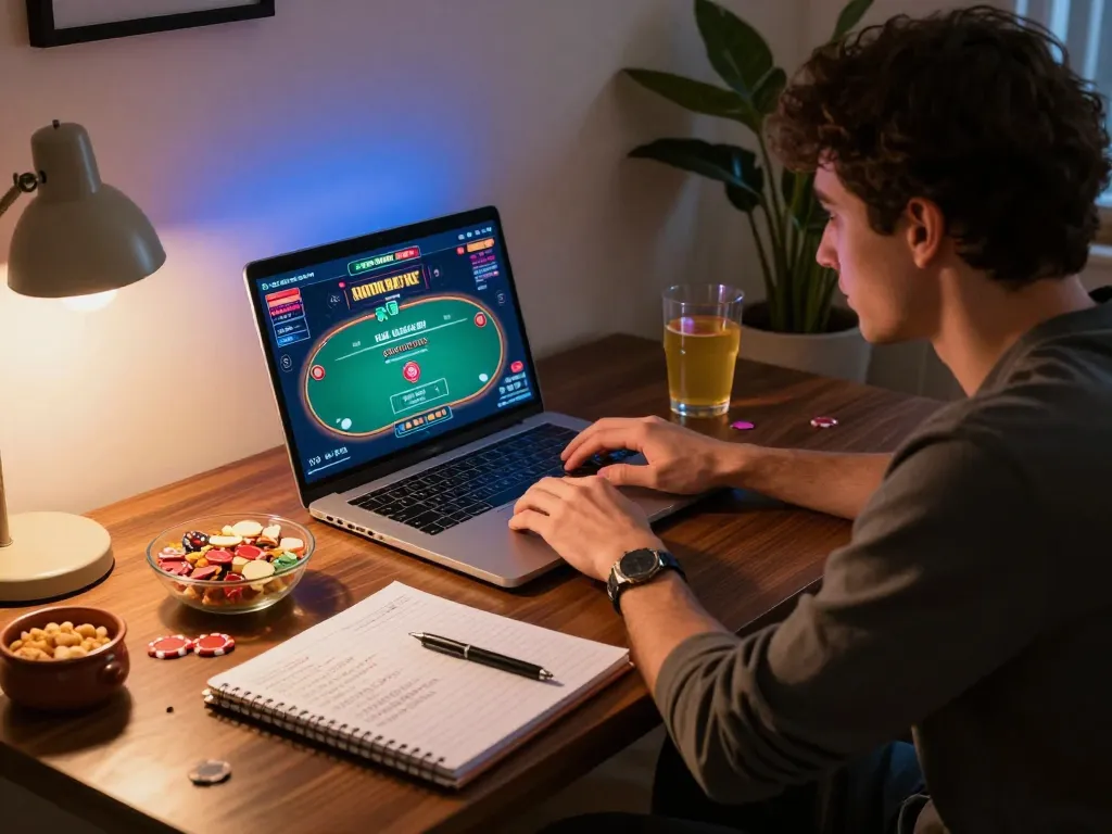 Engaged player at home evaluating tr88 online poker strategies with notebook and laptop in a cozy setup.