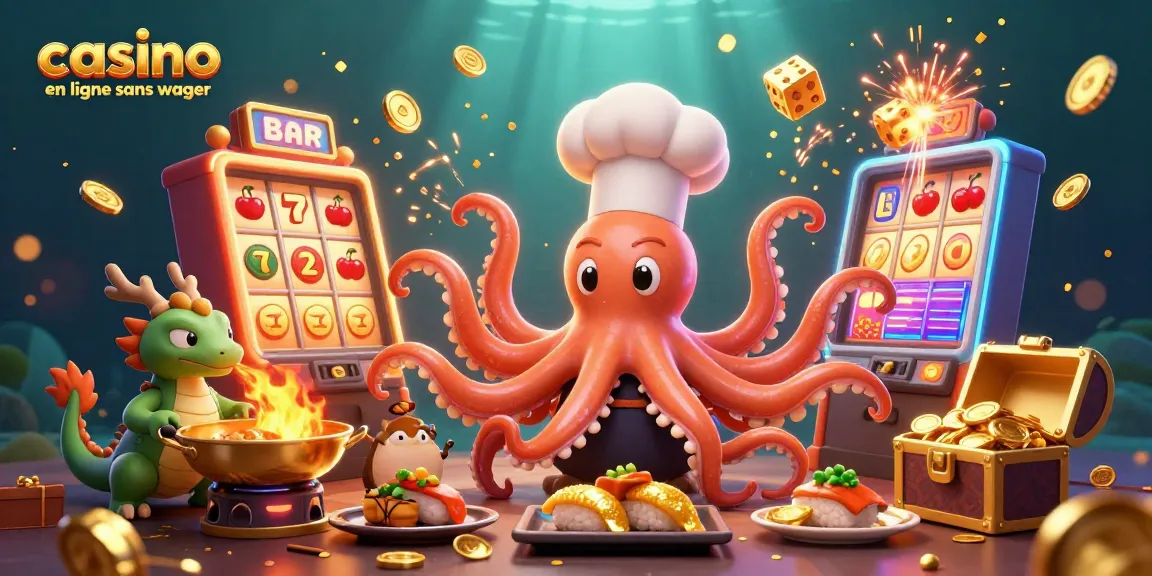 Illustration dynamique d'un casino en ligne sans wager avec un chef sushi, un dragon et un client sur fond aquatique.
