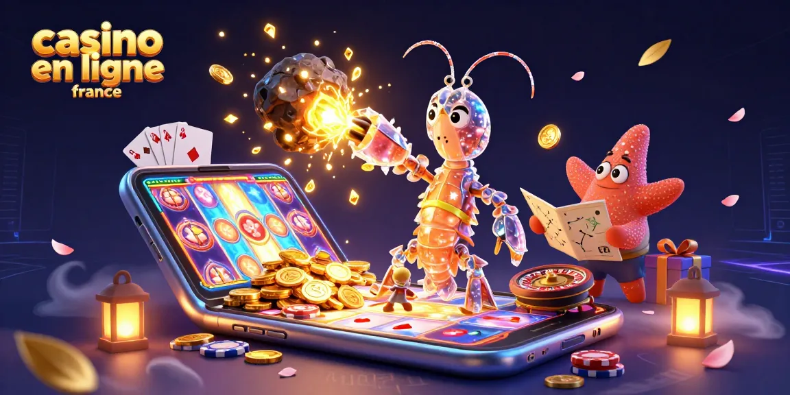 Jouez sur casino en ligne France avec une scène captivante de jeux de casino illustrée en 3D.