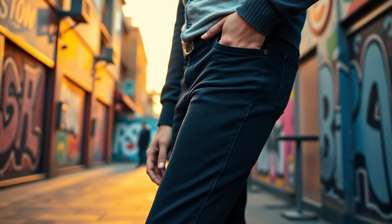 Stylish black jeans men on a confident model in an urban street setting