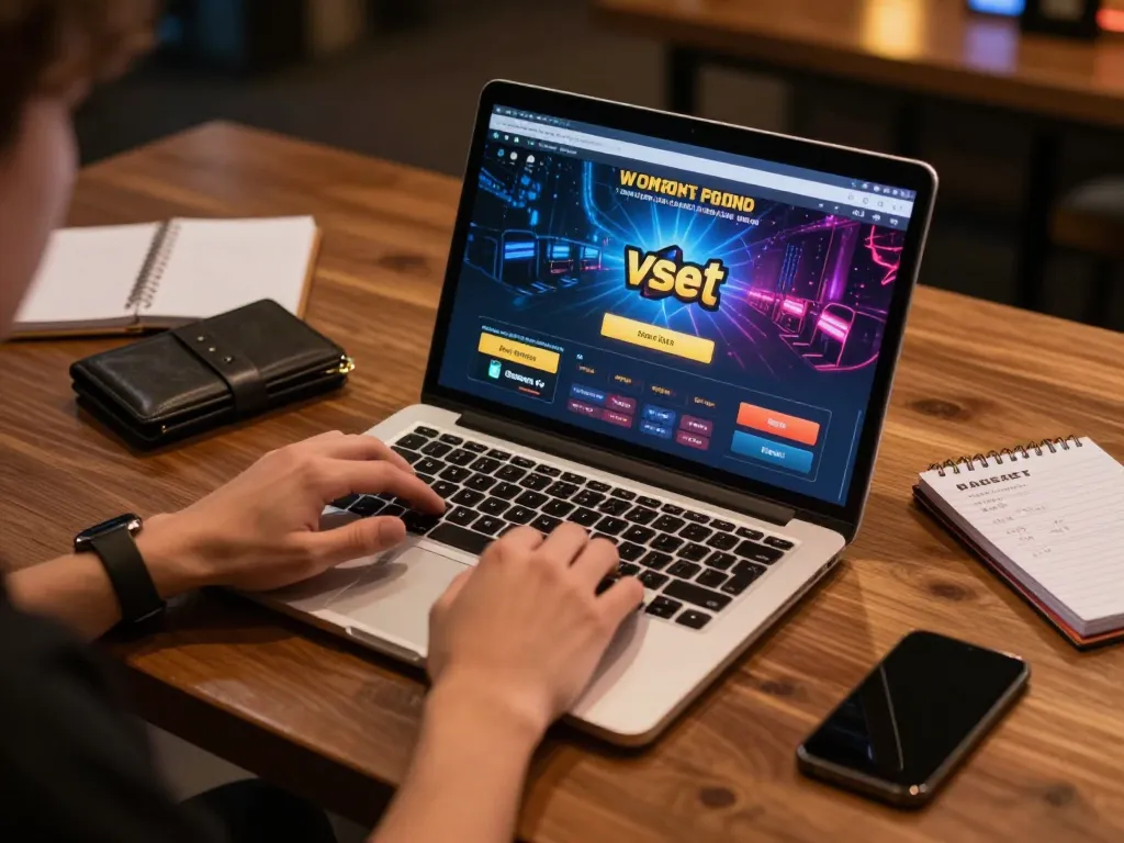 Engaging online player enjoying vsbet casino games with budgeting tools on the desk