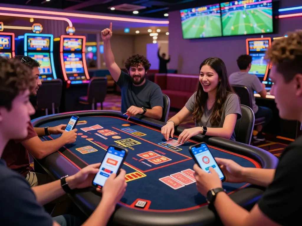 Experience the thrill of TG88 online gaming with vibrant scenes of players using mobile apps and colorful slots.