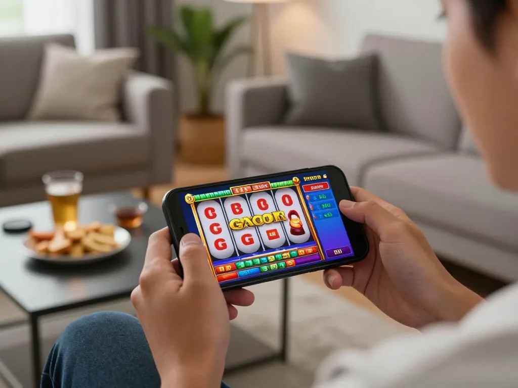 Engaging mobile player enjoying slot gacor game on smartphone at home, showcasing vibrant interface and casual atmosphere