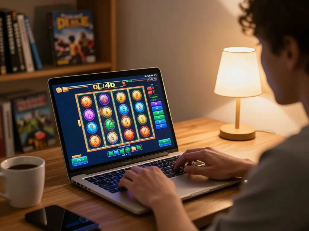 Engaging online gaming session on oli 4d with colorful slot reels and a cozy setting