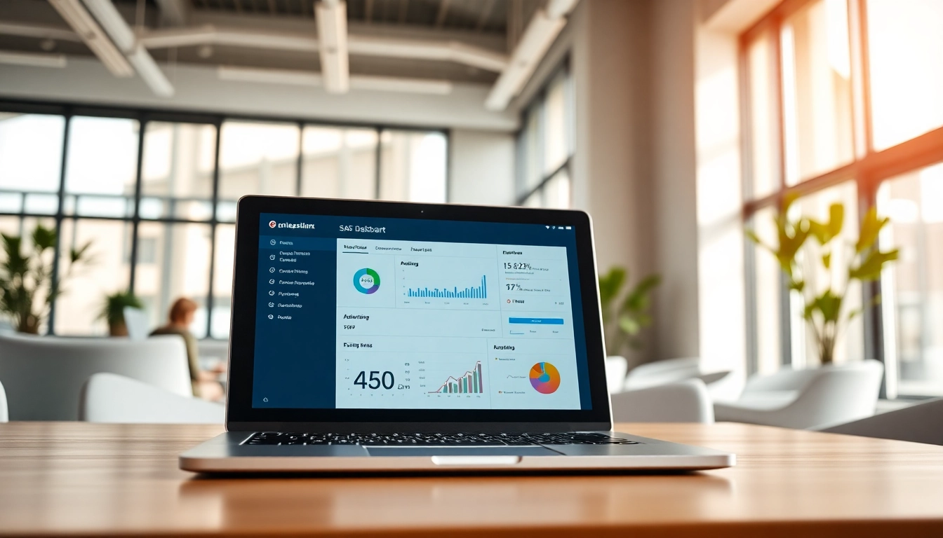 Engaging enterprise assistant saas dashboard displayed on a sleek laptop in a bright office.