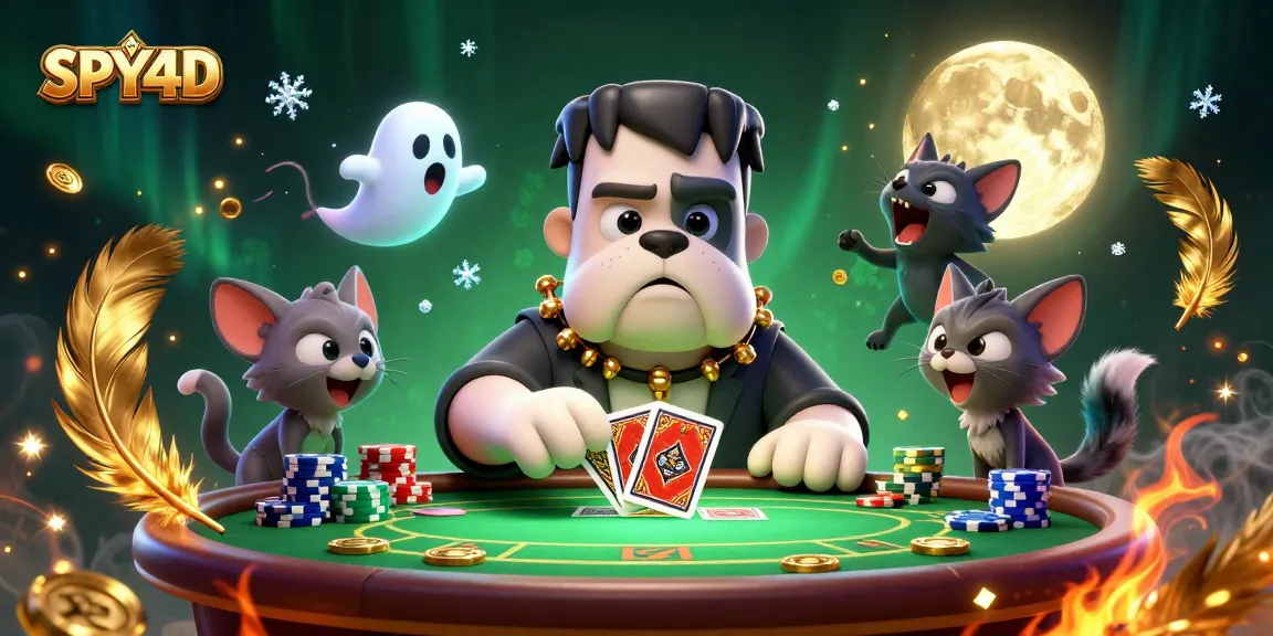 SPY4D menampilkan bulldog Frankenstein 3D yang sedang membagikan kartu di meja poker yang menyeramkan.