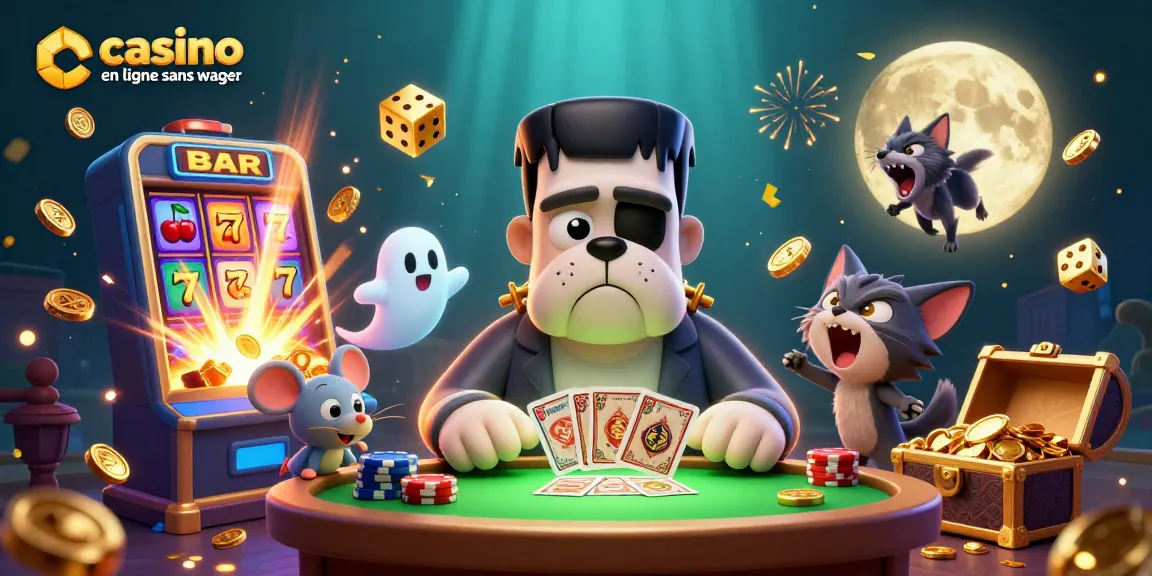 Profitez d'une ambiance palpitante avec le casino en ligne sans wager, illustrant un bulldog et un chat loup dans un monde ludique.