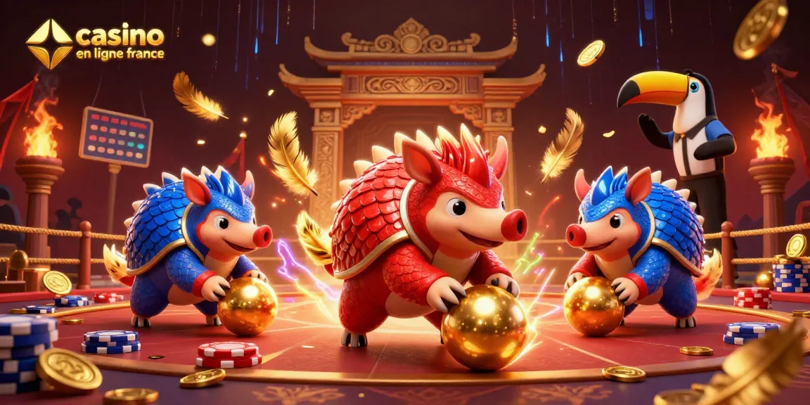 Les pangolins rivaux dans une bataille de casino en ligne France, entourés de jetons et de feux d'artifice.