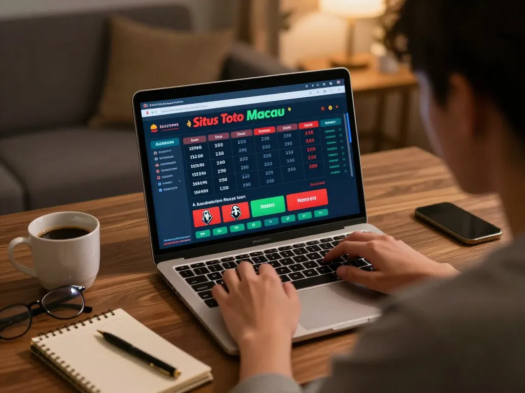 Situs Toto Macau gambler engaging with online betting platform at home desk