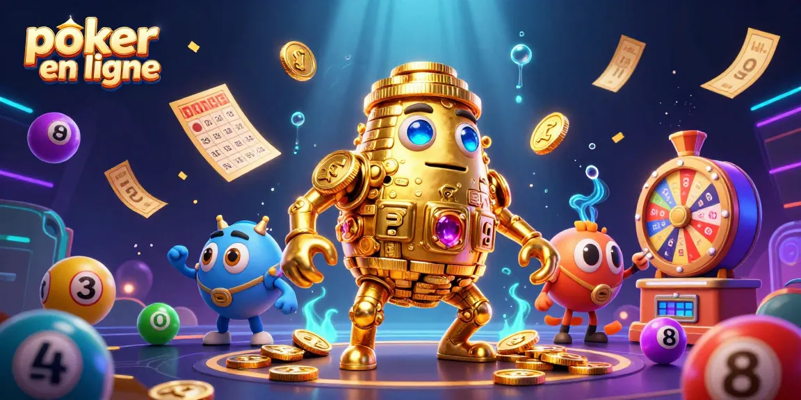 Jouez à poker en ligne avec un golem en or et des ballons colorés dans une scène dynamique.
