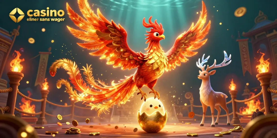 Illustration dynamique montrant un casino en ligne sans wager avec un phoenix flamboyant et un combattant mystique dans une arène animée.
