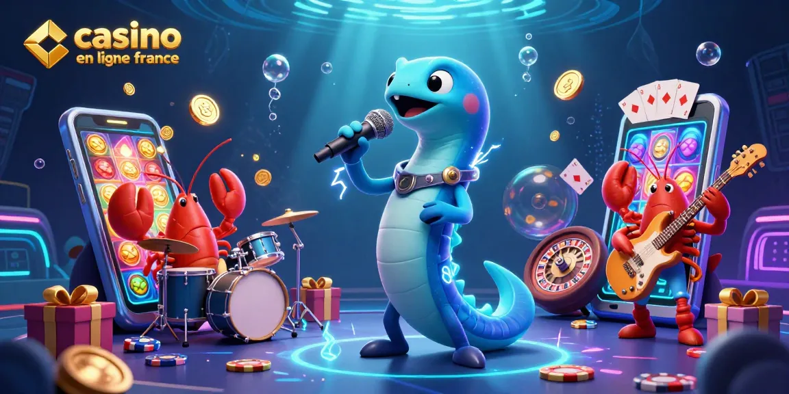 Illustration dynamique et colorée illustrant le casino en ligne en France avec un poisson électrique DJ.