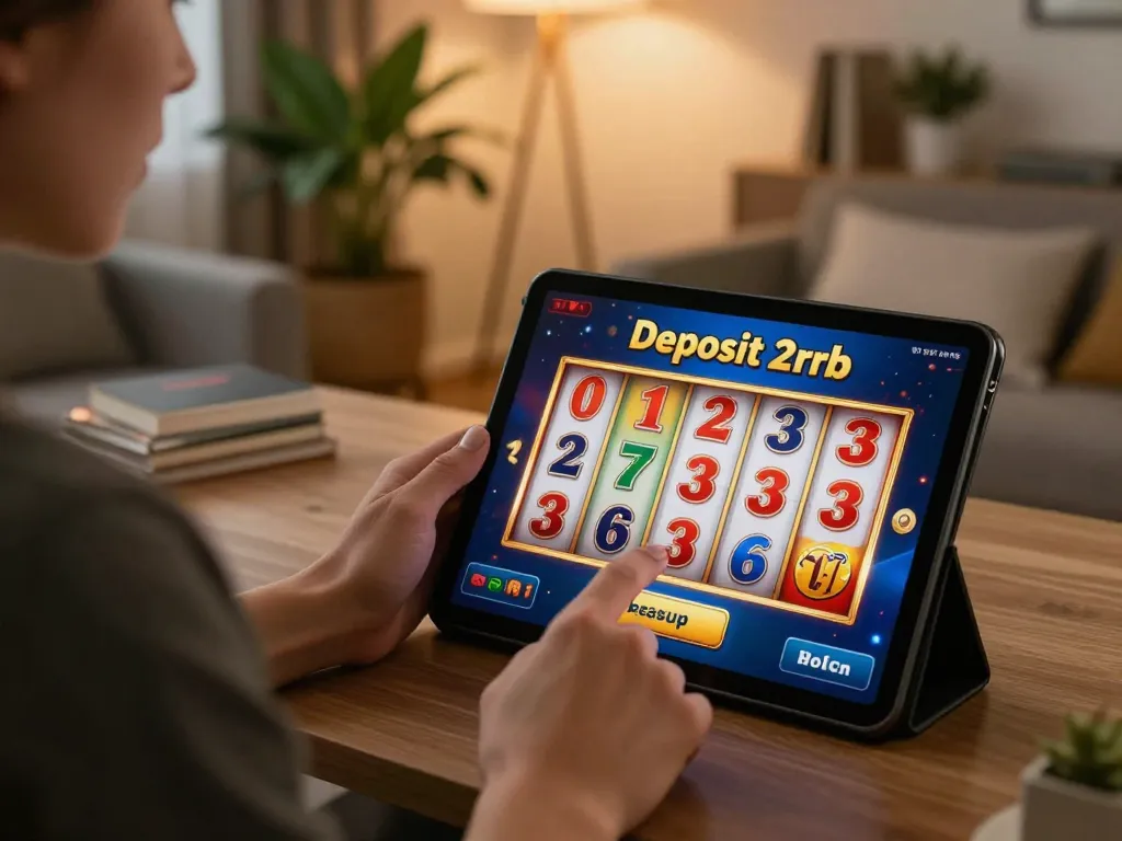 Engaging in online casino games with slot deposit 2rb application on tablet, showcasing vibrant graphics.