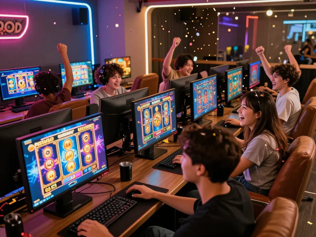 Players enjoying slot gacor games in a lively gaming lounge with vibrant energy.
