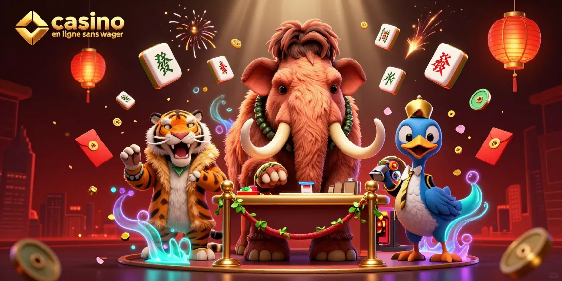 Casino en ligne sans wager : illustration dynamique d'un mammouth bouncer et un tigre VIP.