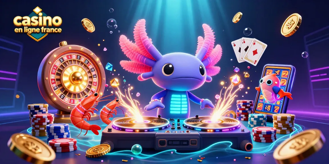 Célébrez le plaisir de jouer au casino en ligne France avec un DJ axolotl festif et des éléments de casino dynamiques