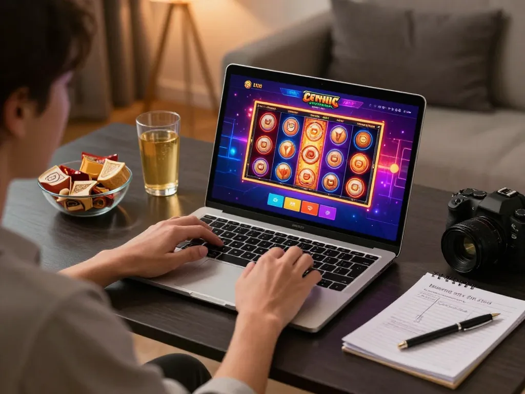 Engaged player using a KKWIN casino app on a laptop at home, showcasing online gaming excitement.