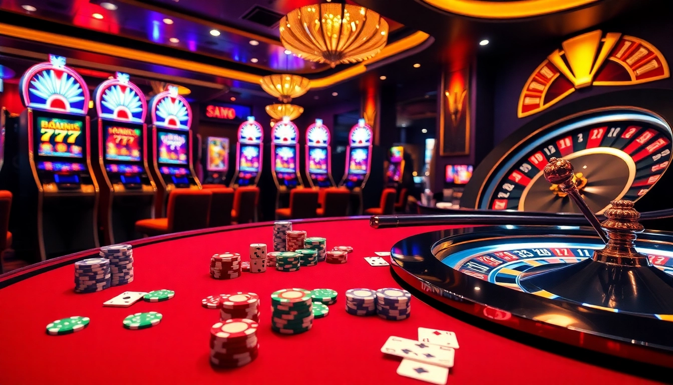 SHBET gaming scene with vibrant casino tables and luxury slot machines illuminating the excitement.