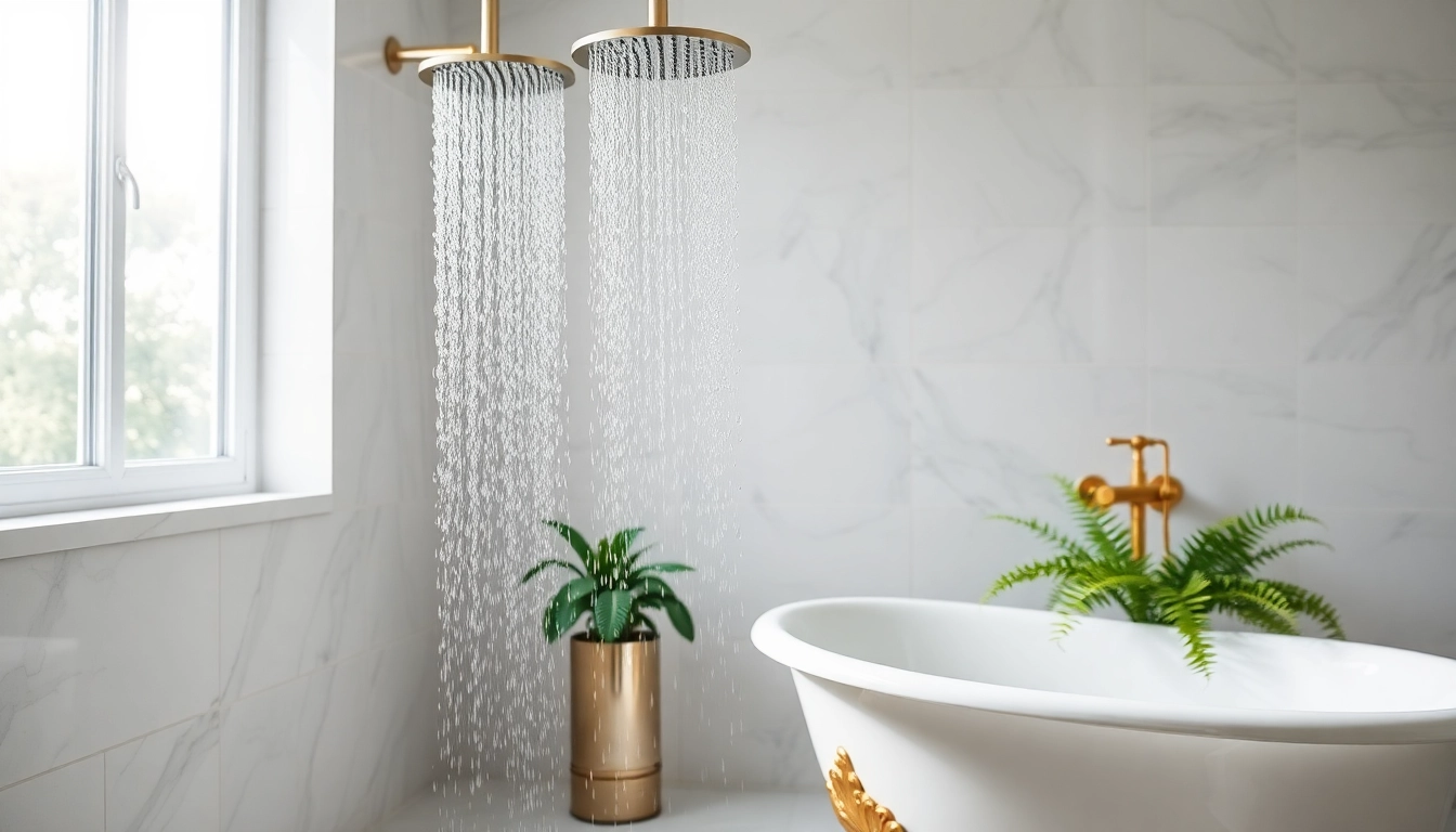 Experience elegant showers au in a beautifully designed bathroom with rainfall shower and clawfoot bathtub.