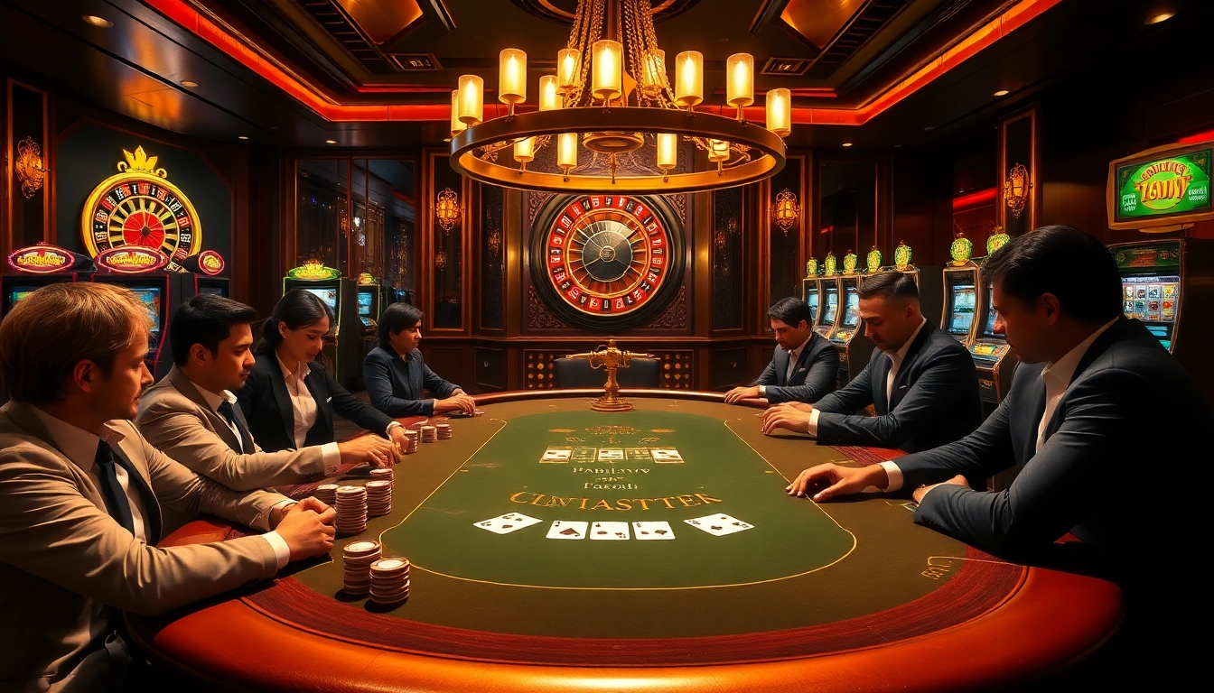 Experience high-stakes poker action in a luxurious setting at https://u888n.info/, featuring elegant players and vibrant casino elements.