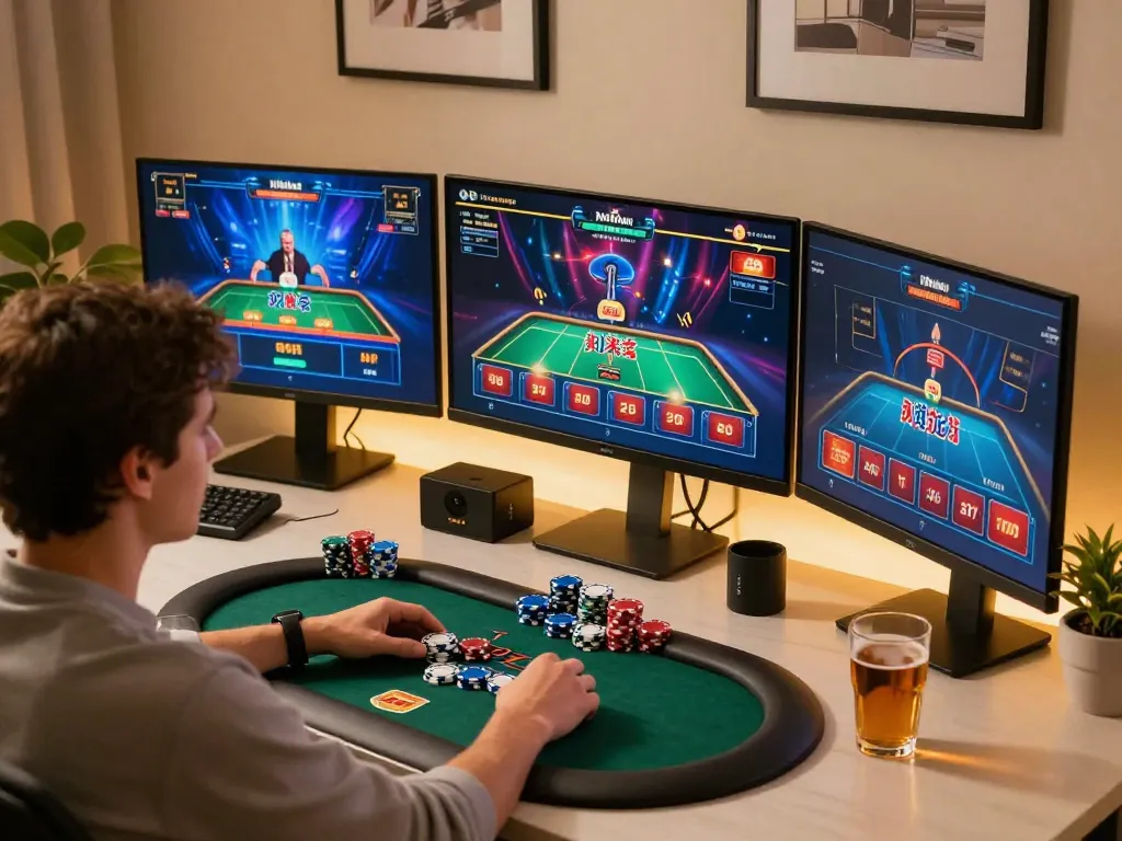 DOLA88 player engaged in strategic online casino gameplay at home, showcasing focus and responsible gaming.