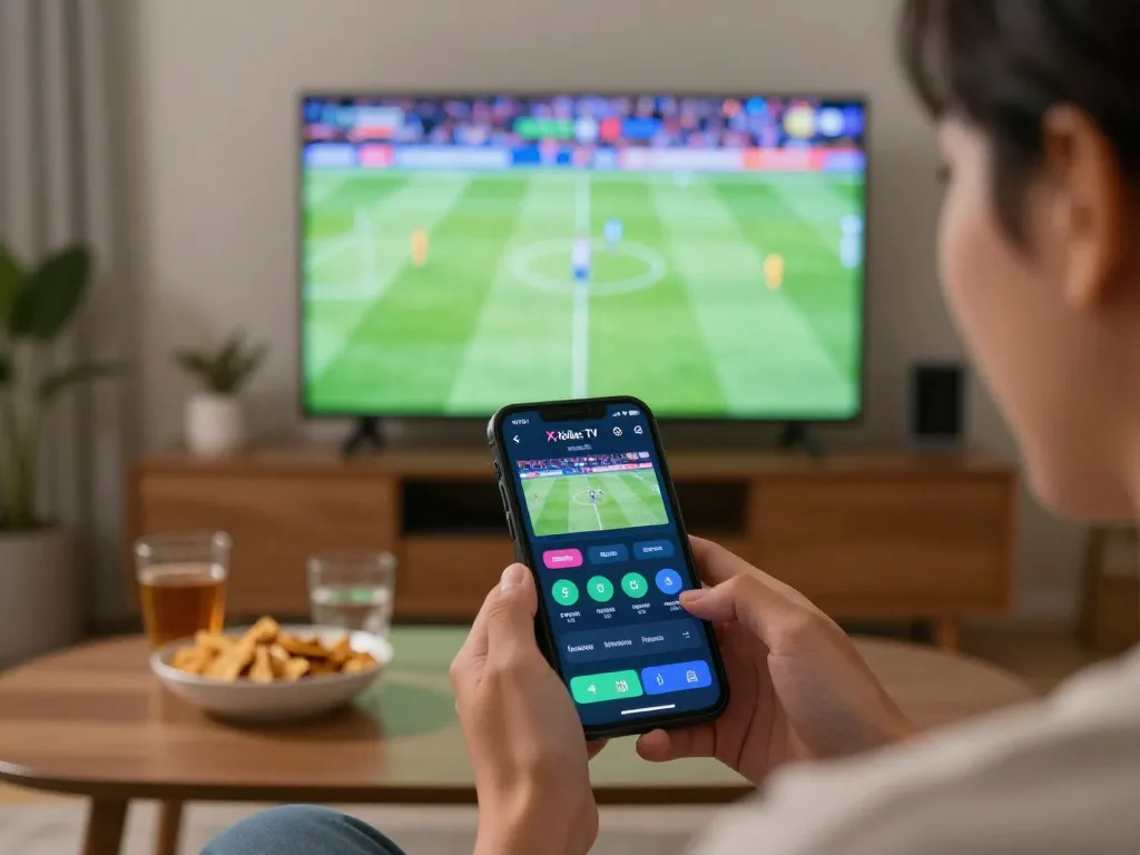 Xoilac TV user actively placing bets during a live soccer match on a smartphone, enhancing the viewing experience at home