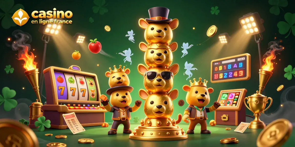Profitez d'une illustration de casino en ligne France avec un totem amusant et des symboles de jackpot lumineux.