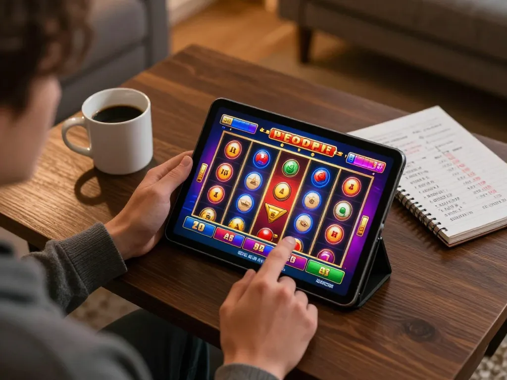 Player enjoying 3Win's online slots interface in a cozy home setting with gaming strategy notes.