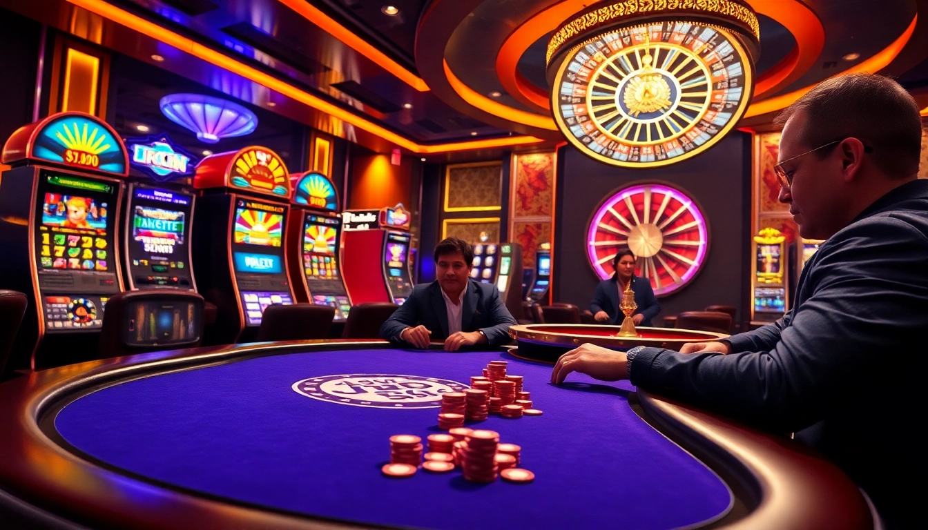 Players engaging in high-stakes poker at s8.com casino with vibrant slot machines and roulette.