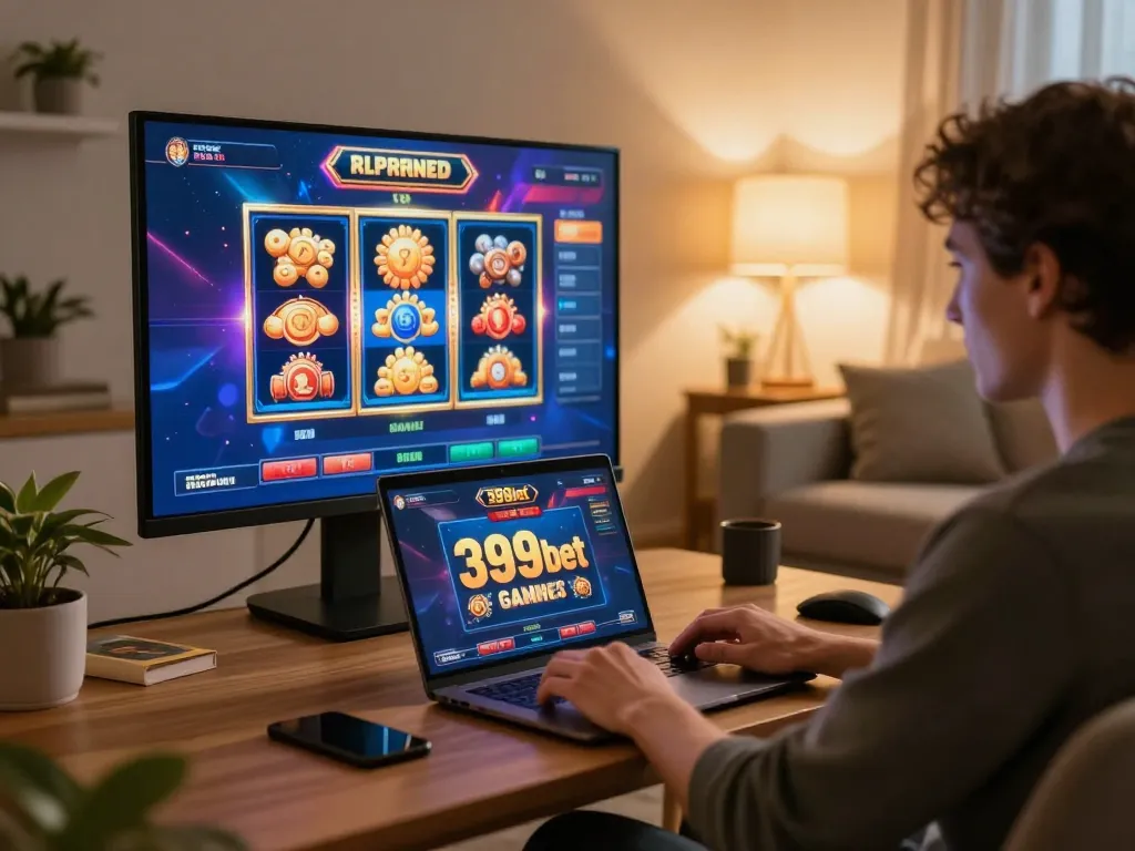 Engaging in online gaming with 388bet casino on a laptop in a cozy home setting