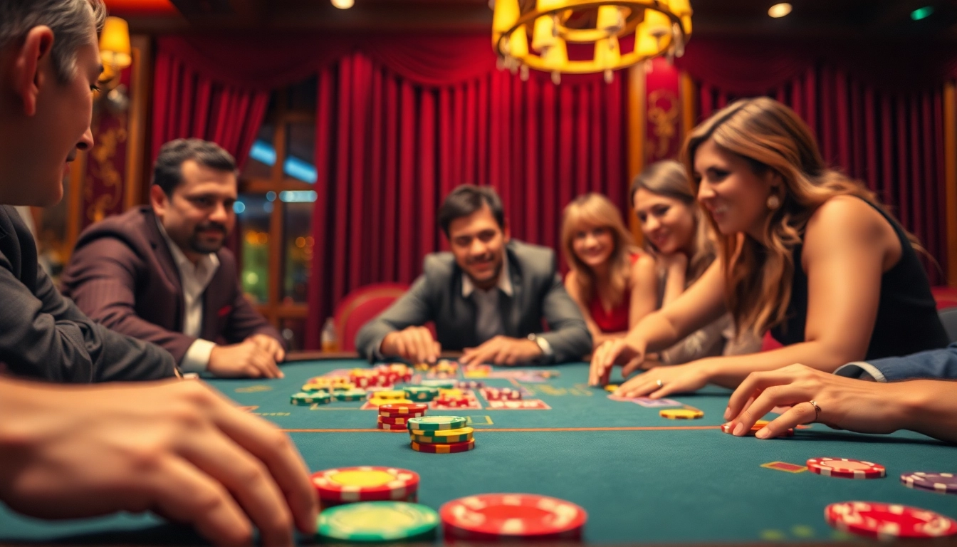 Permainan meja kasino interwin official dengan pemain bersemangat dan chips warna-warni.