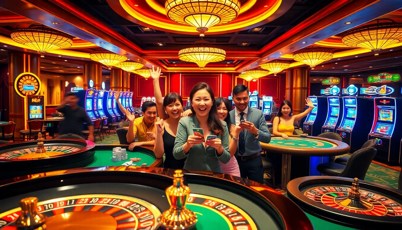 Excited players engaging in a vibrant casino scene featuring rr88 com's slot machines and poker tables.