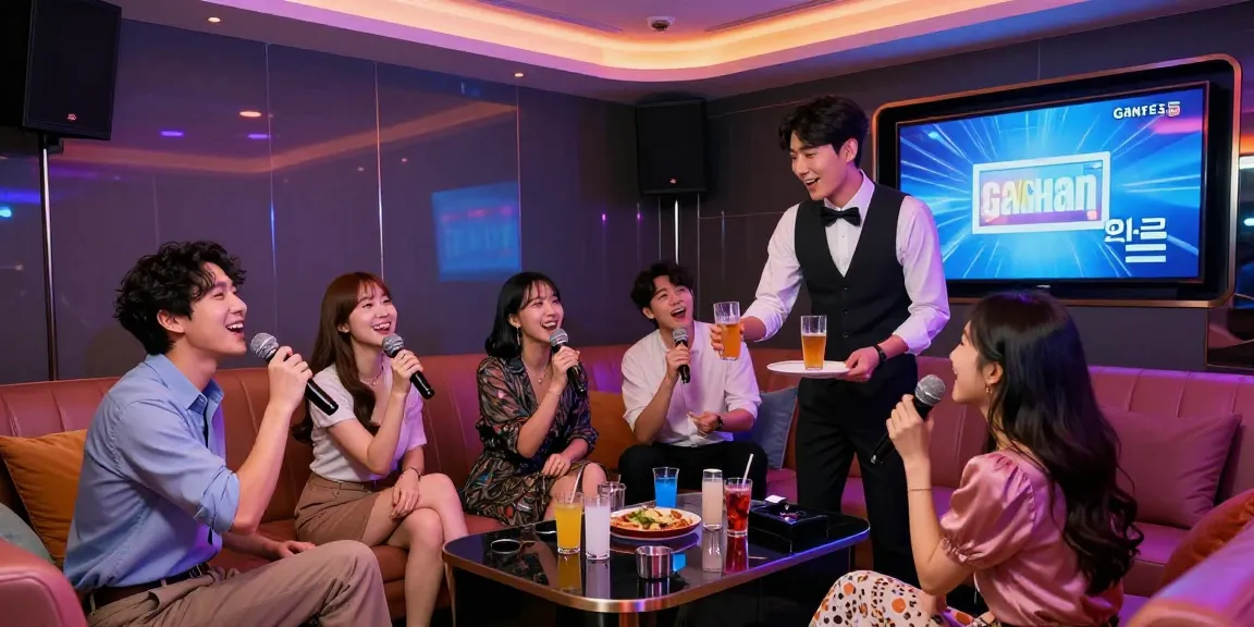 강남 가라오케에서 친구들과 즐거운 시간을 보내는 모습의 고급스러운 노래방
