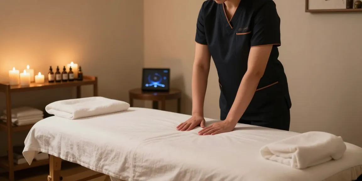 마사지 테라피 룸에서 편안한 분위기 속에서 스웨디시 마사지를 준비하는 전문 마사지사