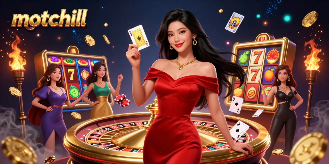 Motchill showcases a glamorous Asian woman holding a playing card in a vibrant casino scene filled with luck and excitement.