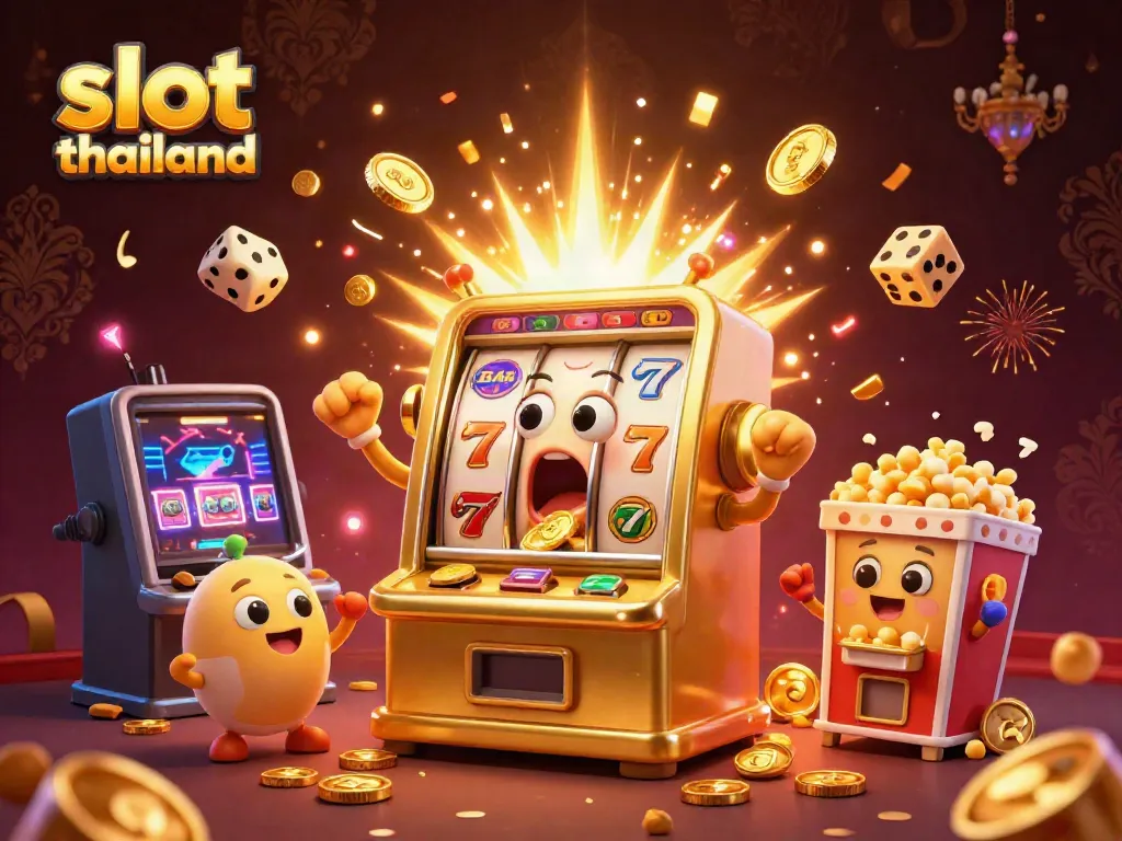 Experience the vibrant excitement of slot thailand as a golden slot machine hits a jackpot, surrounded by cheering companions.